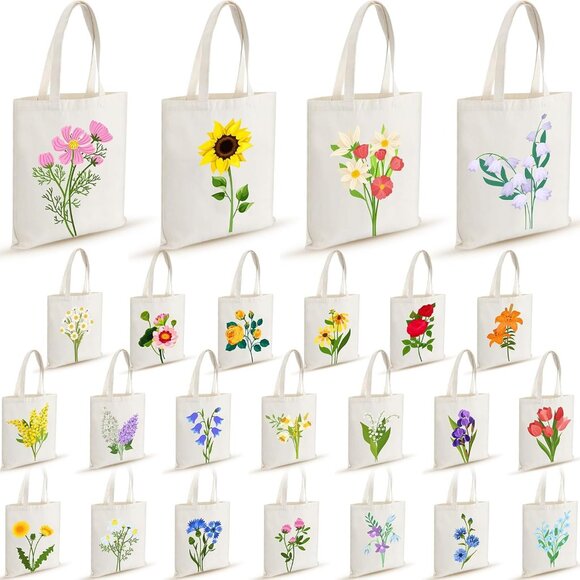 Women Gift 24 Flower Canvas Tote Bags Bulk Book Lovers Gift for Book Clubs and P
